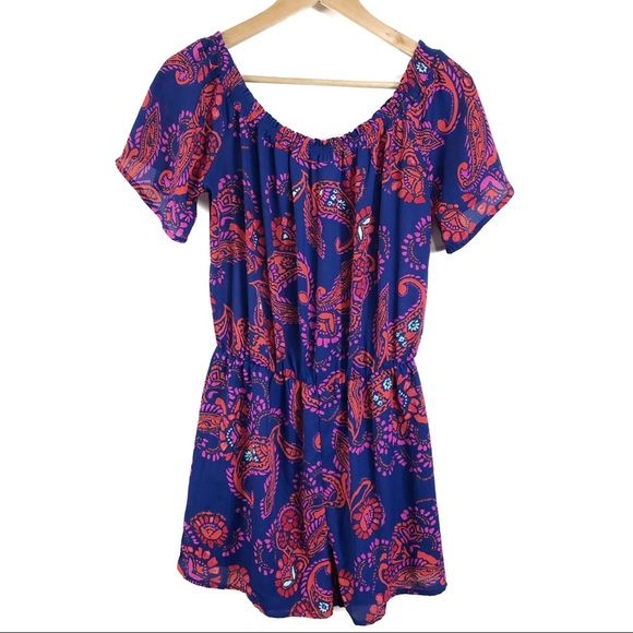 Everly Pants - Everly Blue Printed Off-Shoulder Romper Size Large